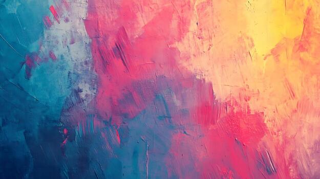 Abstract painting with bold strokes and a vibrant palette of blues pinks yellows and oranges creating depth and visual texture photo
