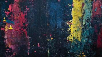 Artistic expression featuring dark colors with splashes of vivid hues like red yellow and blue A canvas of layered color and texture photo