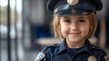 A young child dressed in a police officer's uniform with a happy smile portraying a scene of imagination and career aspiration photo