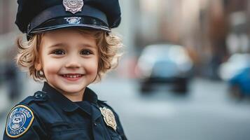 Young boy dressed as a police officer with a sweet smile The child is wearing a uniform with emblems and smiling brightly photo
