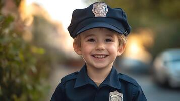 Young boy dressed in a police officer costume smiling brightly and looking at the camera in a blurred background photo