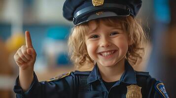Enthusiastic young child dressed in a blue police uniform smiling brightly and raising their index finger with playful authority photo