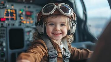 Young child with pilot gear sits in the cockpit smiling widely and ready to take flight into her adventurous imagination photo
