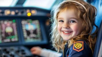 Smiling girl in a flight simulator cabin dreams of being a pilot in the cockpit adorable little girl ready for take off photo