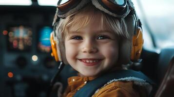 Portrait of a young boy smiling wearing aviator goggles and headset inside a cockpit full of dreams and future aspirations photo