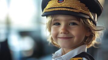 Young child dressed as pilot smiles warmly in a crisp uniform and hat imagining adventures and future possibilities photo