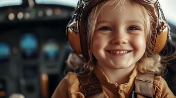 Smiling child wearing aviator goggles and headphones in what looks like the cockpit of a plane ready for adventure and excitement photo