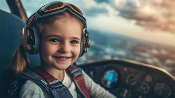 Young girl smiles in a cockpit wearing pilot gear Adventure awaits as she explores the skies with excitement and a joyful spirit photo