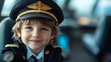 Young boy dressed as an airplane pilot complete with hat and uniform looking happily towards the camera in what appears to be a plane cockpit photo