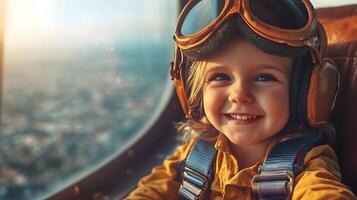 Young child wearing pilot goggles and gear in an airplane cockpit smiling confidently dreams of flying adventure and career paths photo