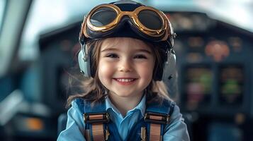 Little girl with aviation goggles and headset big smile inside airplane cockpit Child dreams of flying dressed as pilot photo