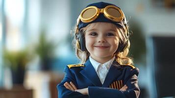 Young girl dressed as an aviator with goggles and a jacket arms crossed smiling Childhood dreams of flying and adventure photo