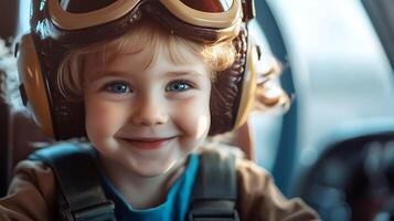 A smiling child with blue eyes wears an aviator's helmet and harness capturing youthful dreams of flight and exploration photo