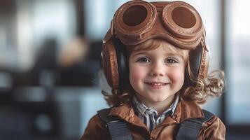 Young aviator dreams take flight a child smiles with goggles and a jacket ready for adventure in the big blue sky photo