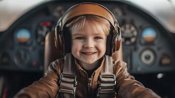A young child smiles from the cockpit of an airplane dressed in a flight suit and headset ready for adventure among the clouds photo