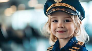 Young girl dressed up in an aviator costume for pretend play with a bright smile in a softly blurred background photo