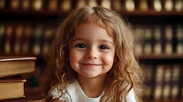 Smiling child with curly hair and dimples stands in front of a blurred bookcase creating a portrait filled with warmth and innocence photo