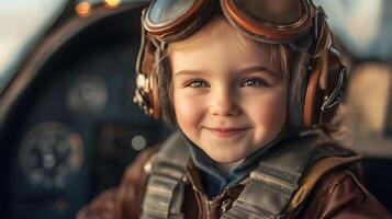 Smiling young aviator with goggles and pilot gear inside an airplane cockpit radiating charm and dreams of flight photo