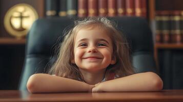 Smiling girl in oversized chair resting arms on a table bookshelf in the background looking cheerful and confident photo