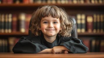 A young child with curly hair sits at a wooden desk wearing a black robe in front of a bookshelf radiating confidence and innocence photo