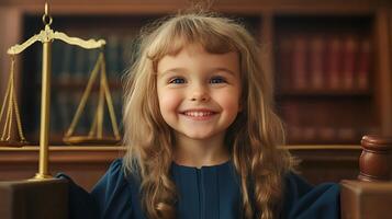 Young girl joyfully pretends to be a judge smiling brightly next to the scales of justice and a gavel in a courtroom setting photo