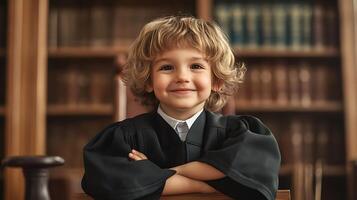 Young boy with a bright smile dressed in a graduation robe exudes youthful joy and potential in front of an elegant bookcase photo
