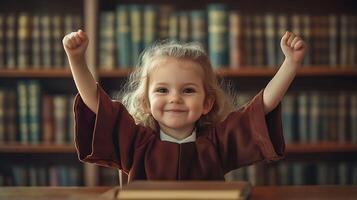 A young girl smiles in front of a bookshelf with her arms raised in a victory pose symbolizing achievement and joy in learning photo