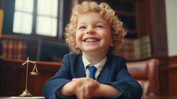 Young boy dressed in a suit sitting at a desk with a miniature scales of justice looking up and smiling in a professional setting photo
