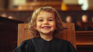 Young child smiles brightly while dressed in a black robe possibly a judge's robe in what appears to be a courtroom setting photo