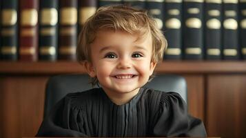 Young child dressed in judge robes smiling confidently in front of a bookshelf embodying innocence and aspirations for justice photo