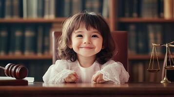 Charming toddler smiles surrounded by legal symbols Playful interpretation of justice with gavel and scales set on a library table photo