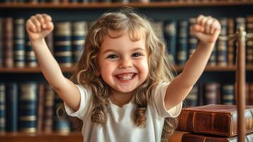 Girl smiling with fists raised in front of a bookcase with old books She appears victorious and enthusiastic in a library setting photo