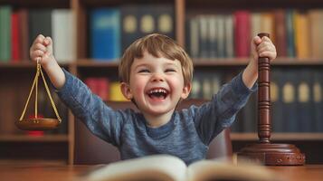 Joyful child playing law with scales and gavel imagining the world of justice and fairness with bright smile and a big open book photo