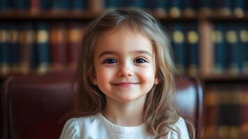 A young girl with brown hair and a warm smile sits against a bookshelf backdrop radiating innocence and charm in a portrait photo