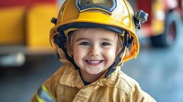 Young child dressed in a firefighter uniform with helmet looking at the camera and smiling in front of a fire engine photo