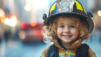Young child dressed in firefighter costume smiles warmly against a blurred city backdrop embodying courage and youthful aspiration photo