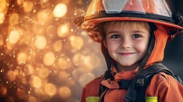 A young child dressed in a bright orange firefighter uniform and helmet smiling confidently against a bokeh light background photo