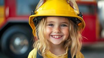 Smiling girl in a bright yellow firefighter helmet A hopeful symbol of youth and future aspirations Dream job inspiration photo