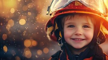 Young boy in a firefighter's helmet looking happy and ready for action A bright future ahead a courageous firefighter photo