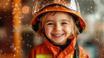 A beaming child dressed in a firefighter uniform and helmet smiling brightly amidst what looks like falling snow or water droplets photo