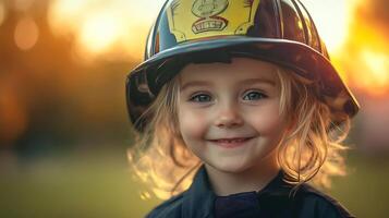A cute young girl with blond hair and blue eyes wearing a fireman's helmet smiling against a background of soft golden light photo