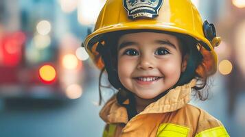 A smiling child dressed in a firefighter costume with a yellow helmet standing in front of an out-of-focus city street photo