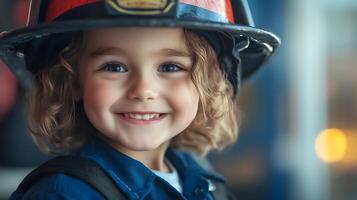 A happy child dressed as a firefighter smiles with a shiny red and black helmet and uniform imagining future heroics photo