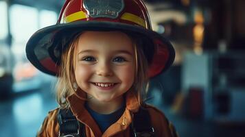 Smiling child dressed in a firefighter's uniform A bright future as a first responder Childlike dreams big ambitions Heroic spirit photo