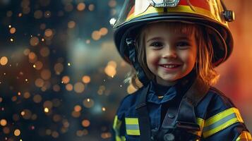 Enthusiastic young child dressed in a firefighter costume expressing joy and excitement with a bright smile ready for imaginative adventures photo