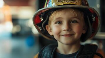 Young boy smiles wearing protective firefighting gear displaying innocence and aspiration towards becoming a community hero photo
