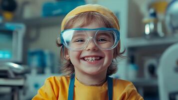Child scientist with bright smile wearing goggles and yellow lab coat stands in a cheerful laboratory environment ready for science photo