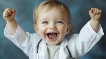 Enthusiastic toddler dressed as a doctor full of joy raises arms in excitement against a softly textured blue background photo