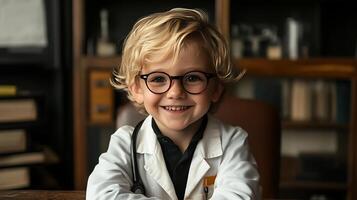 Smiling child dressed as a doctor with a stethoscope and glasses radiating charm and innocence in a cozy and comforting setting photo