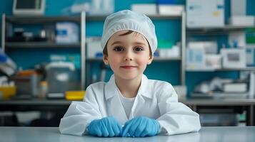 Young scientist in a laboratory Dressed in lab coat and cap wearing blue gloves Learning and exploring science with curiosity and joy photo